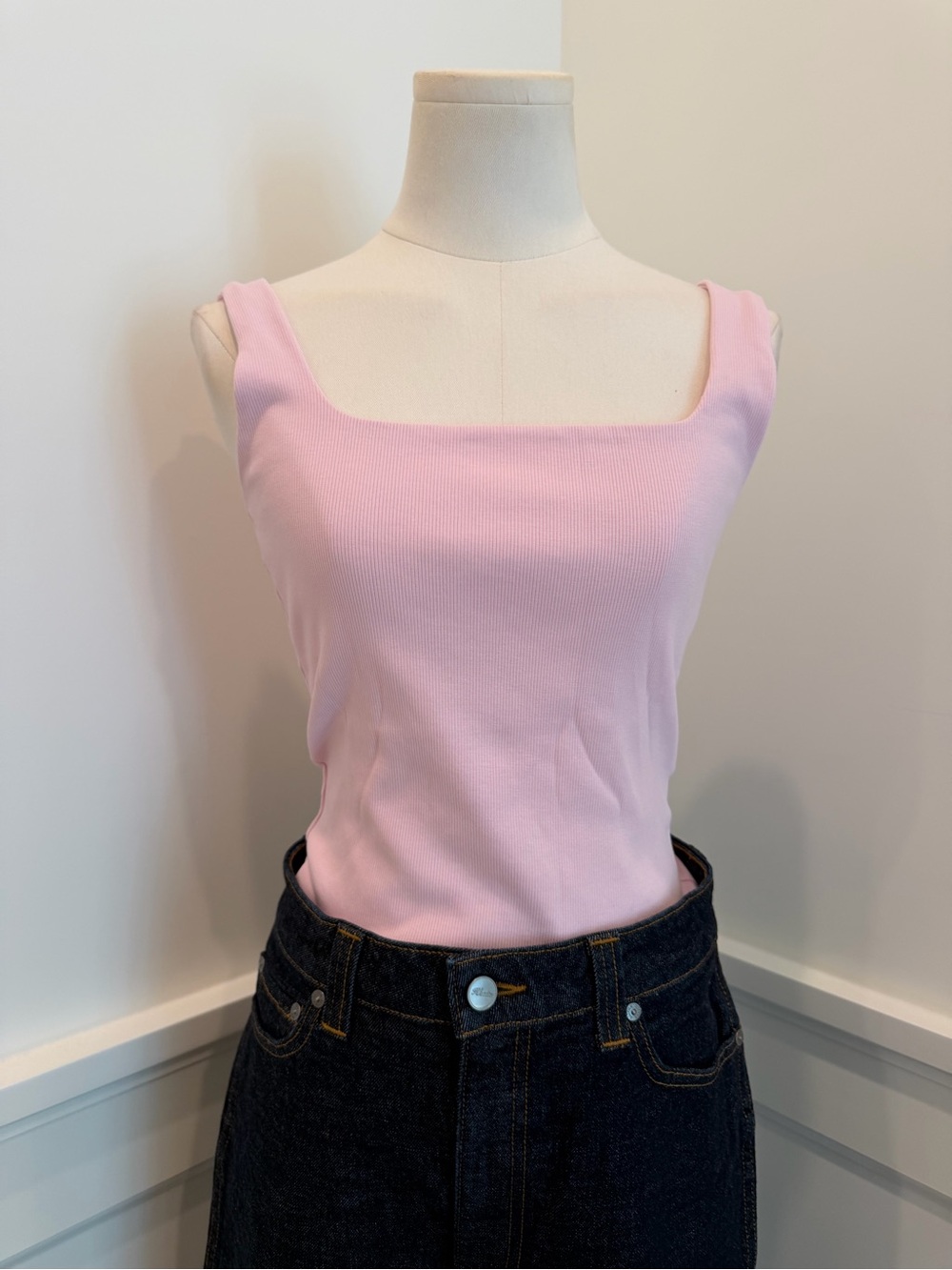 Zara Square Neck Ribbed Tank Top - Light Pink